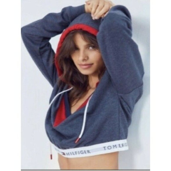 Tommy Hilfiger Logo Gray Cropped Hoodie Sweatshirt V-Neck Sz M Urban Outfitters - Picture 1 of 9
